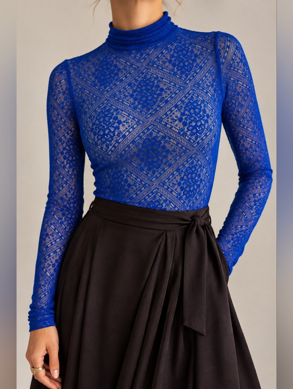 Anthropologie Blue Lace Mock Neck Long Sleeve Top – Size Medium